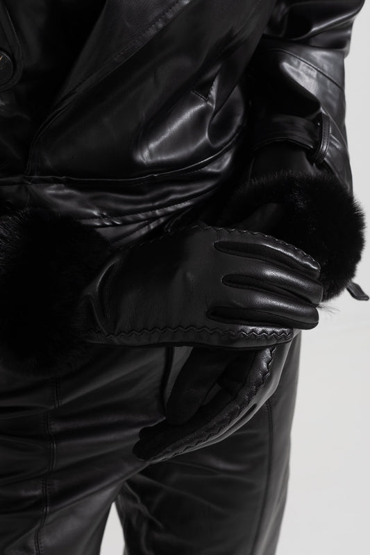 Vegan Leather Gloves with Plush Cuffs and Stitching Detail – Black – view 2