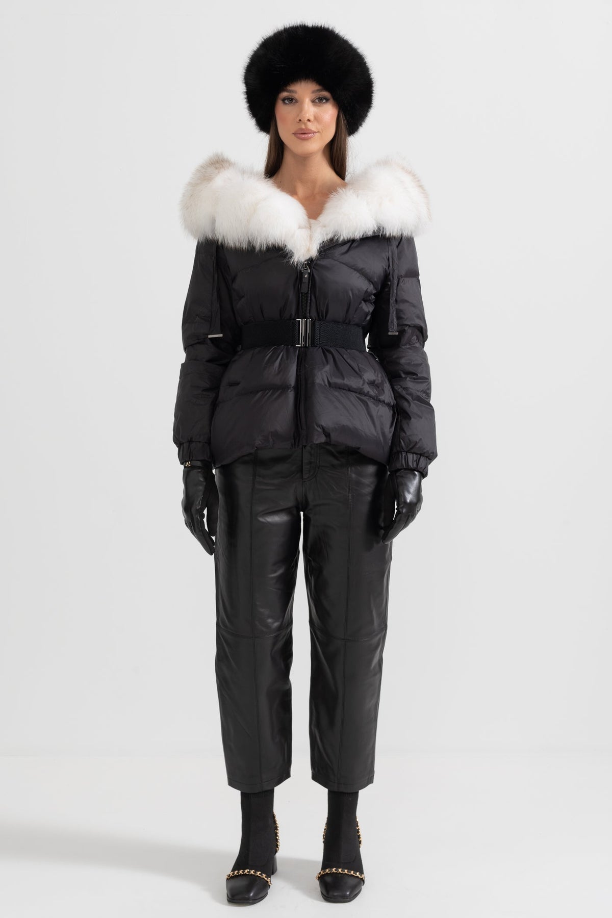 Belted Duck Down Puffer Jacket with White Lined Hood – Black – view 4