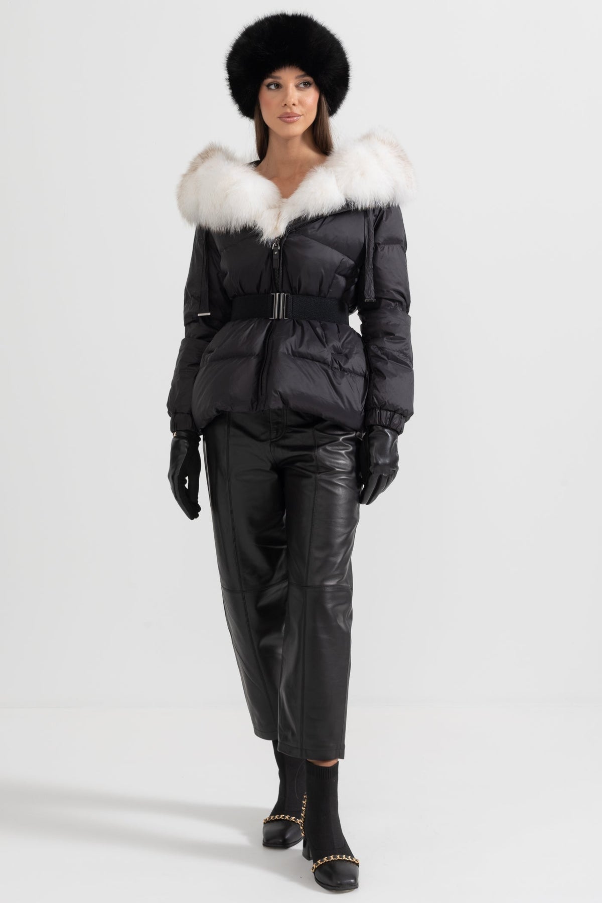 Belted Duck Down Puffer Jacket with White Lined Hood – Black – view 7