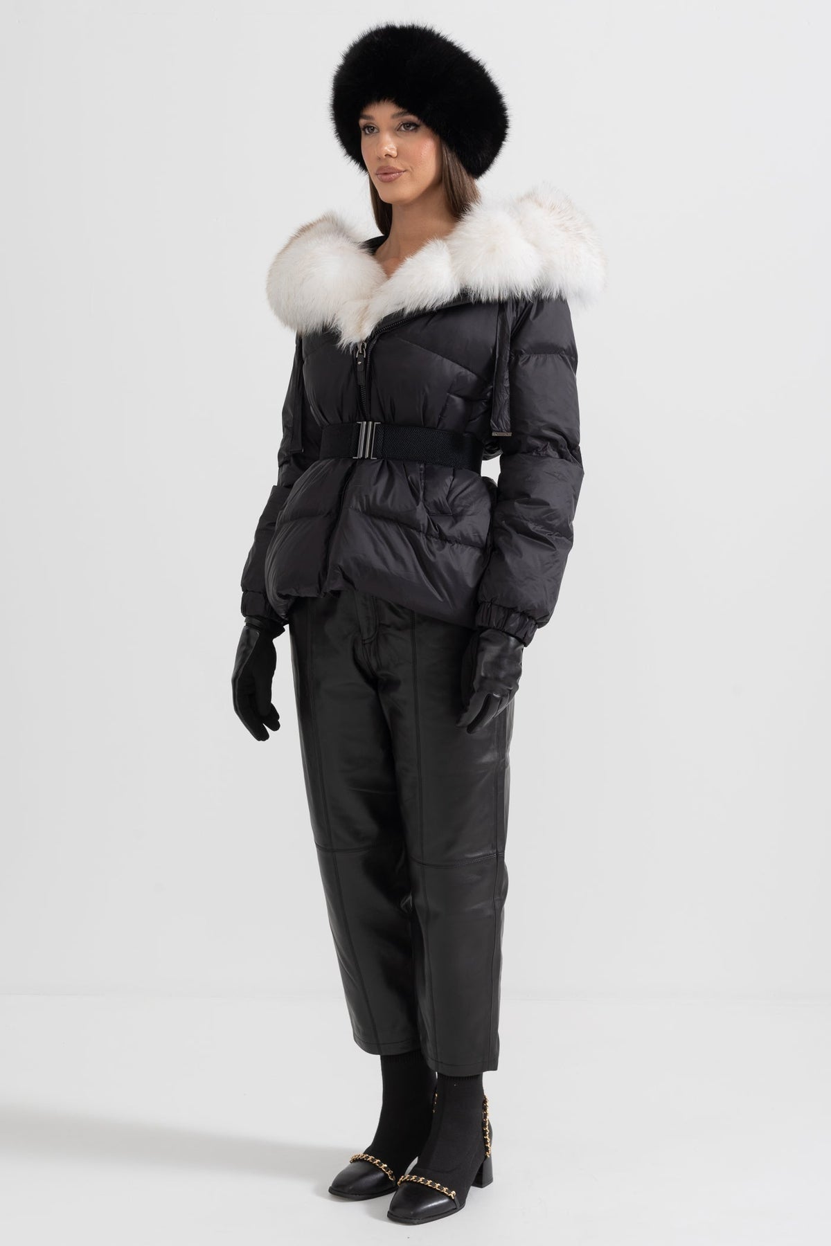 Belted Duck Down Puffer Jacket with White Lined Hood – Black – view 5