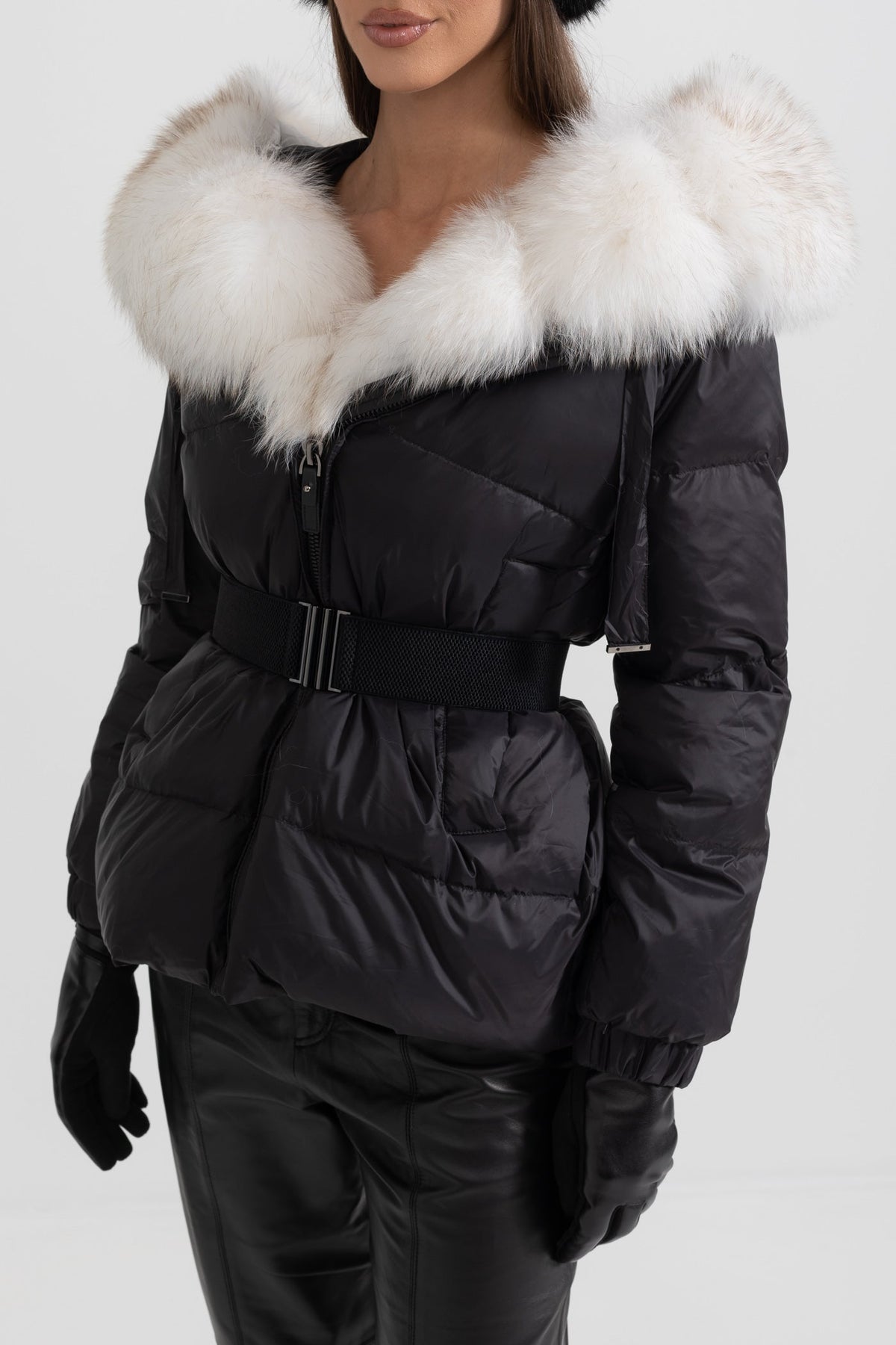 Belted Duck Down Puffer Jacket with White Lined Hood – Black – view 6