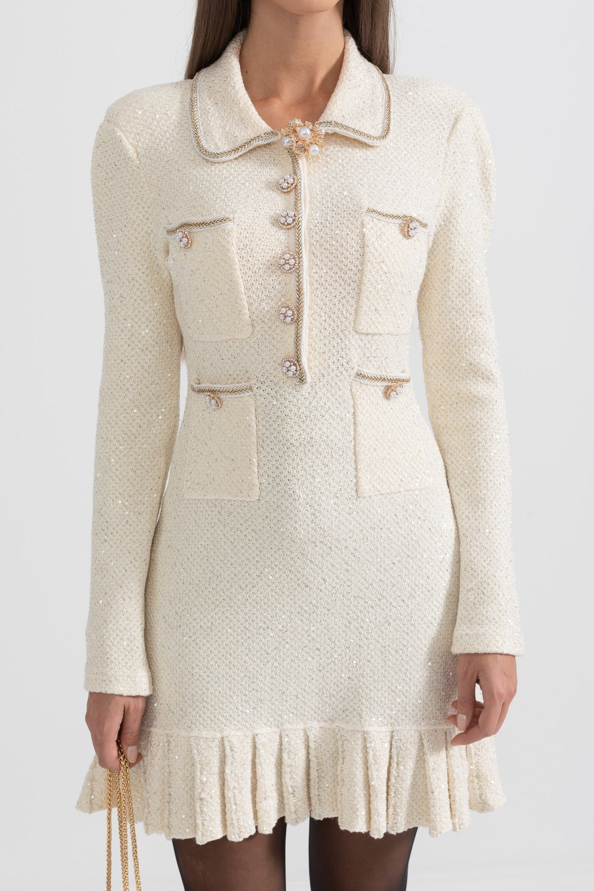 Long Sleeve Textured Knit Dress with Gold Flower Collar – Ivory – view 8