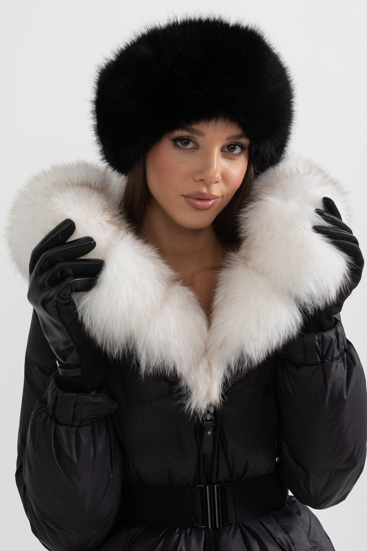 Belted Duck Down Puffer Jacket with White Lined Hood – Black – view 3