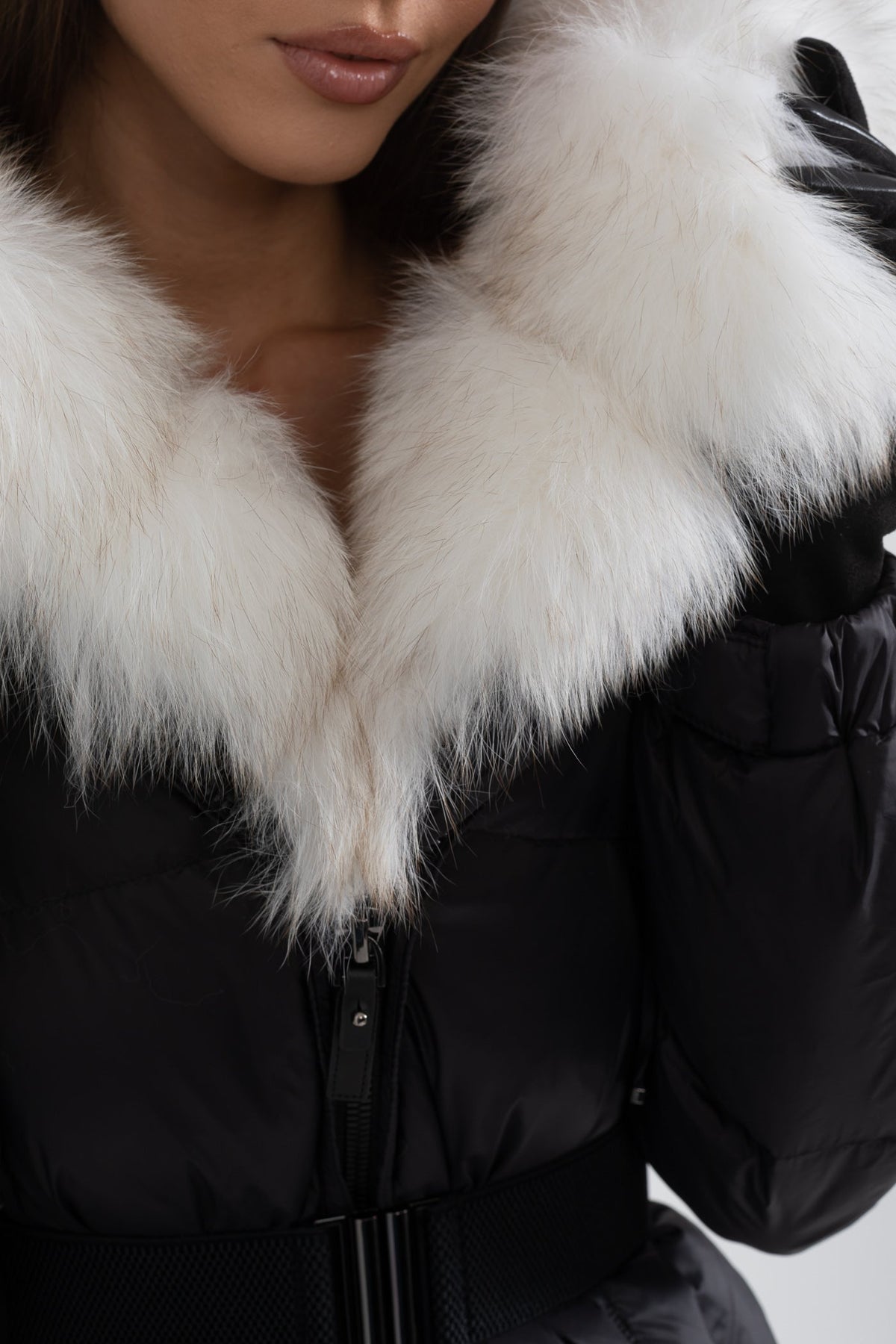 Belted Duck Down Puffer Jacket with White Lined Hood – Black – view 8