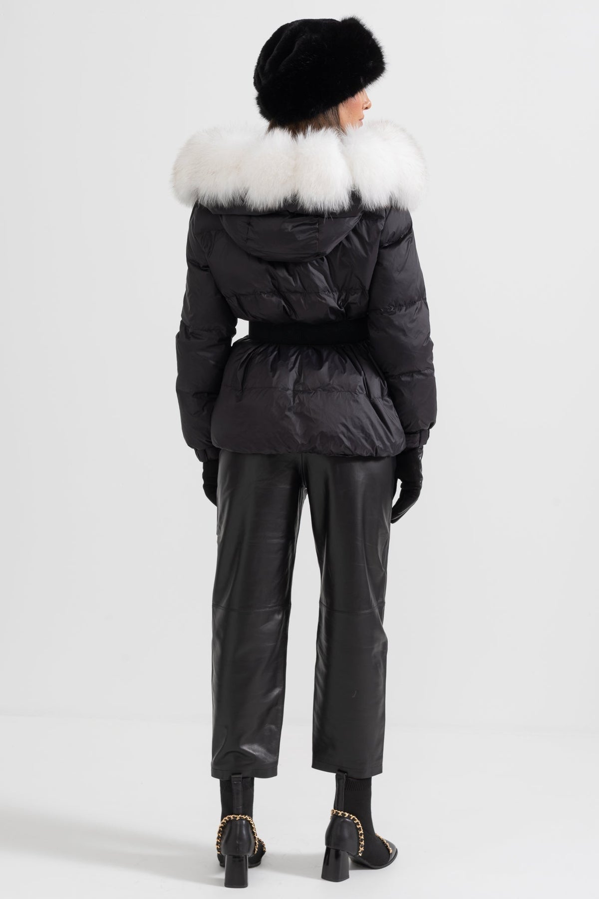 Belted Duck Down Puffer Jacket with White Lined Hood – Black – view 9