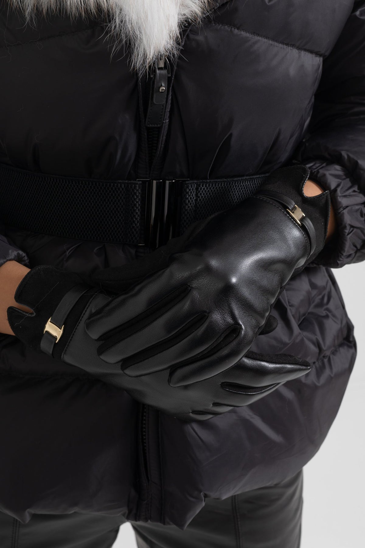Vegan Leather and Faux Suede Gloves with Gold Buckle Detail – Black – view 6