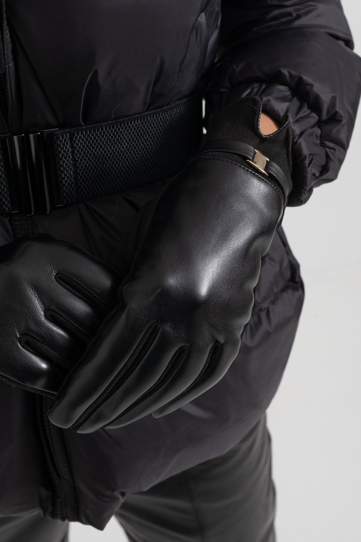 Vegan Leather and Faux Suede Gloves with Gold Buckle Detail – Black – view 7