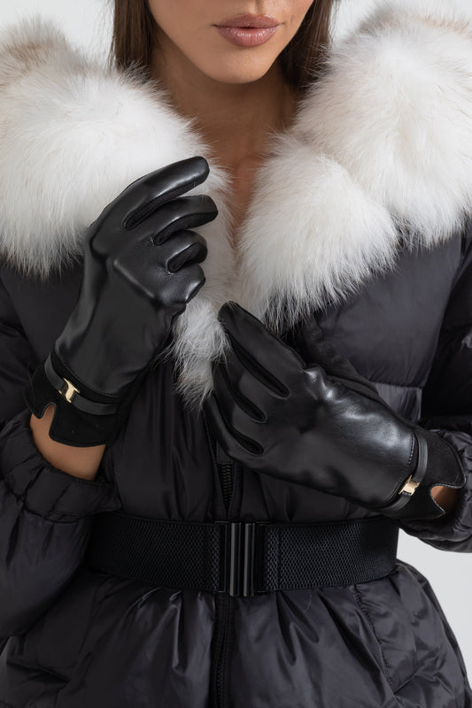 Vegan Leather and Faux Suede Gloves with Gold Buckle Detail – Black – view 2