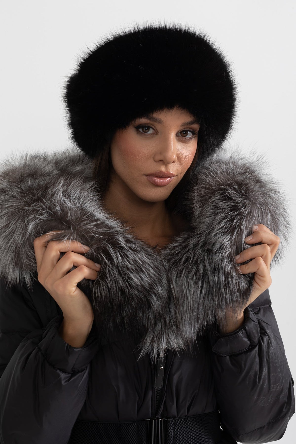 Belted Duck Down Puffer Jacket with Grey Lined Hood – Black – view 3