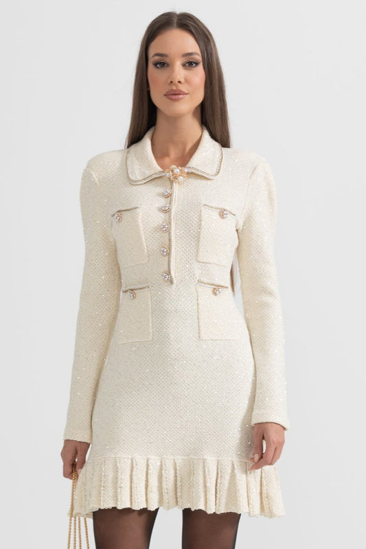 Long Sleeve Textured Knit Dress with Gold Flower Collar – Ivory