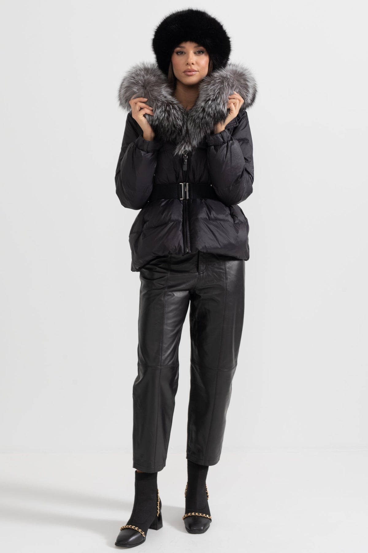 Belted Duck Down Puffer Jacket with Grey Lined Hood – Black – view 5