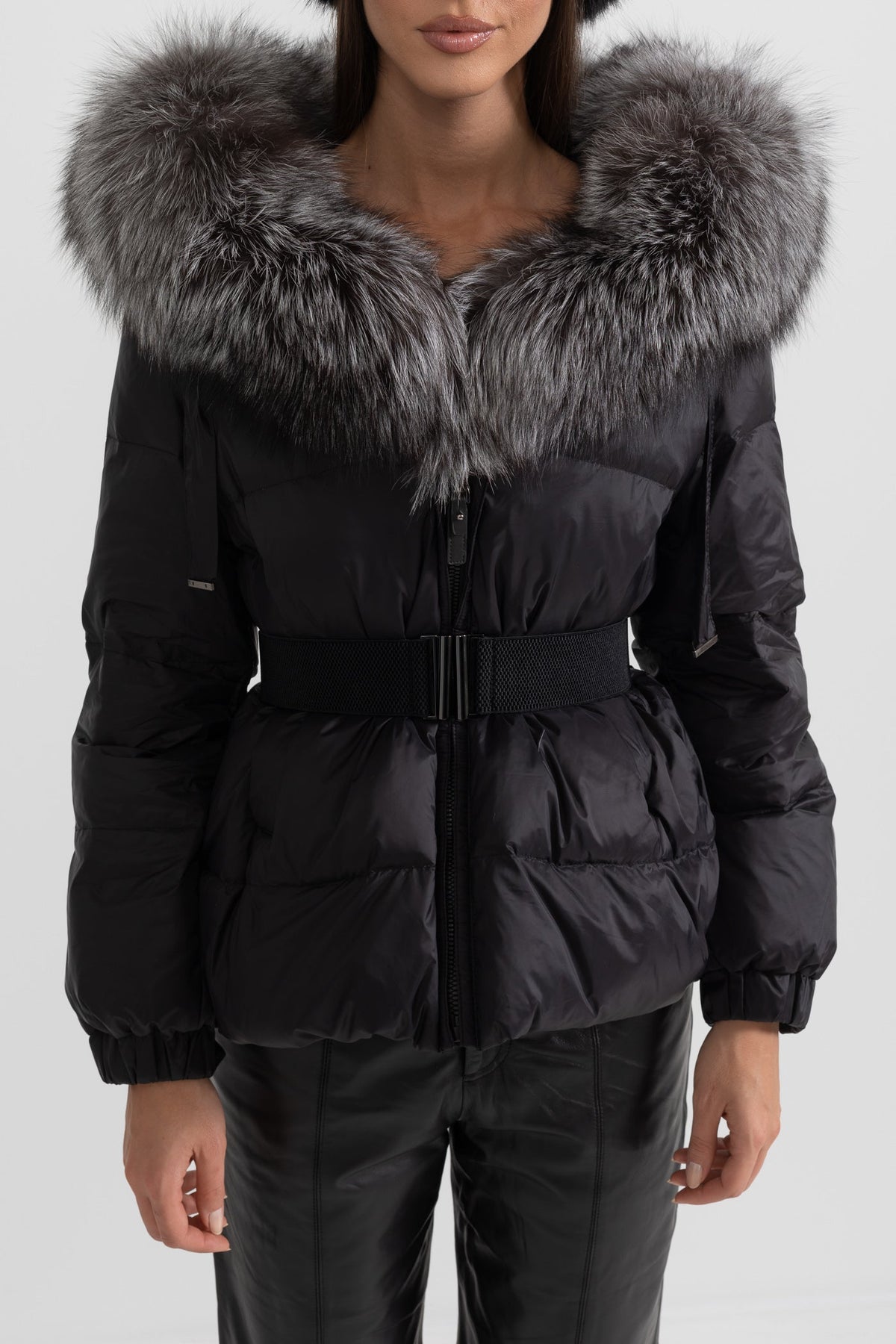 Belted Duck Down Puffer Jacket with Grey Lined Hood – Black – view 6
