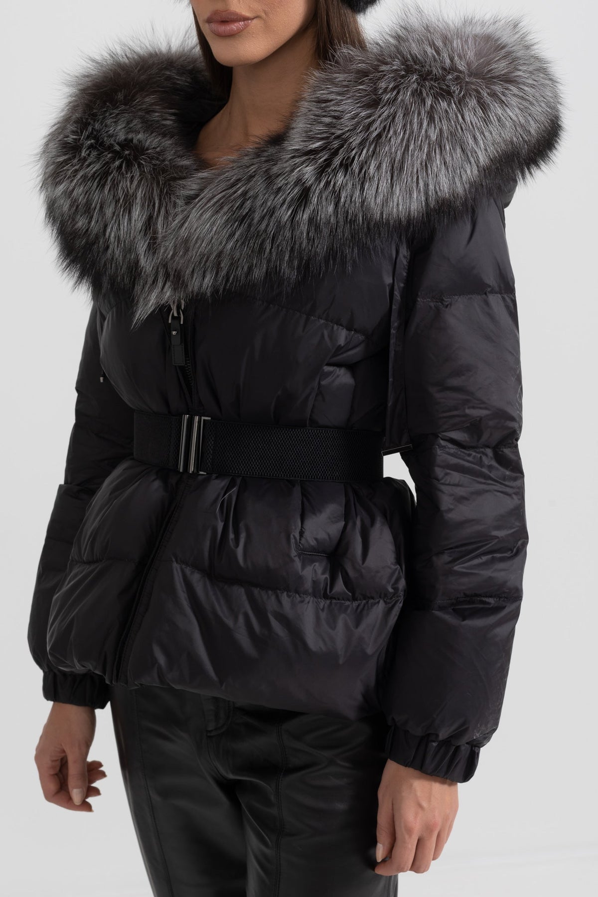 Belted Duck Down Puffer Jacket with Grey Lined Hood – Black – view 7