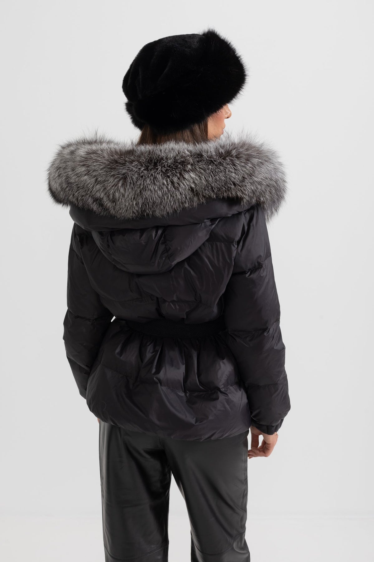 Belted Duck Down Puffer Jacket with Grey Lined Hood – Black – view 8