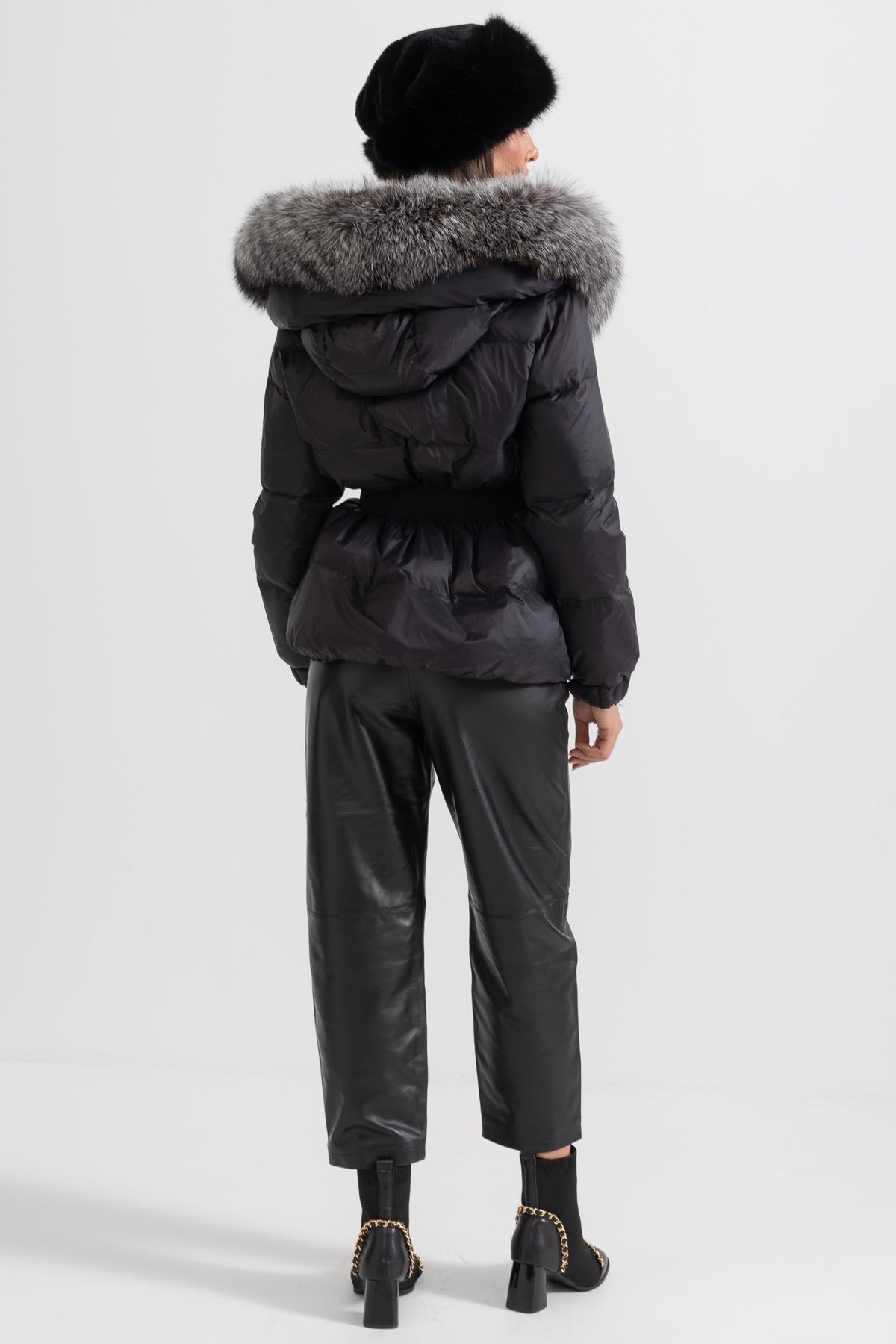 Belted Duck Down Puffer Jacket with Grey Lined Hood – Black – view 9