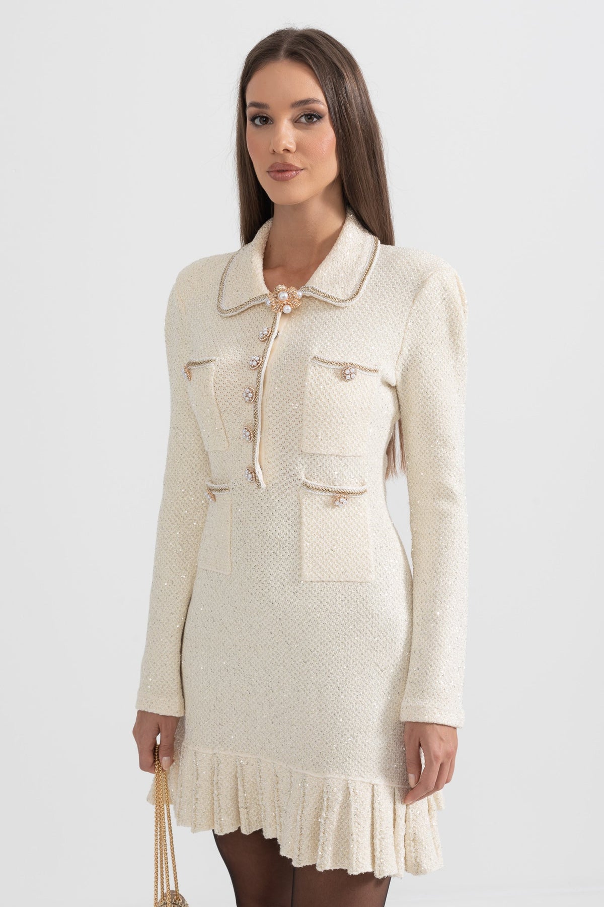 Long Sleeve Textured Knit Dress with Gold Flower Collar – Ivory – view 5