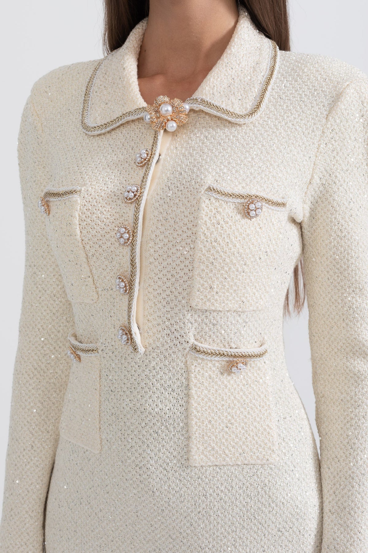 Long Sleeve Textured Knit Dress with Gold Flower Collar – Ivory – view 7