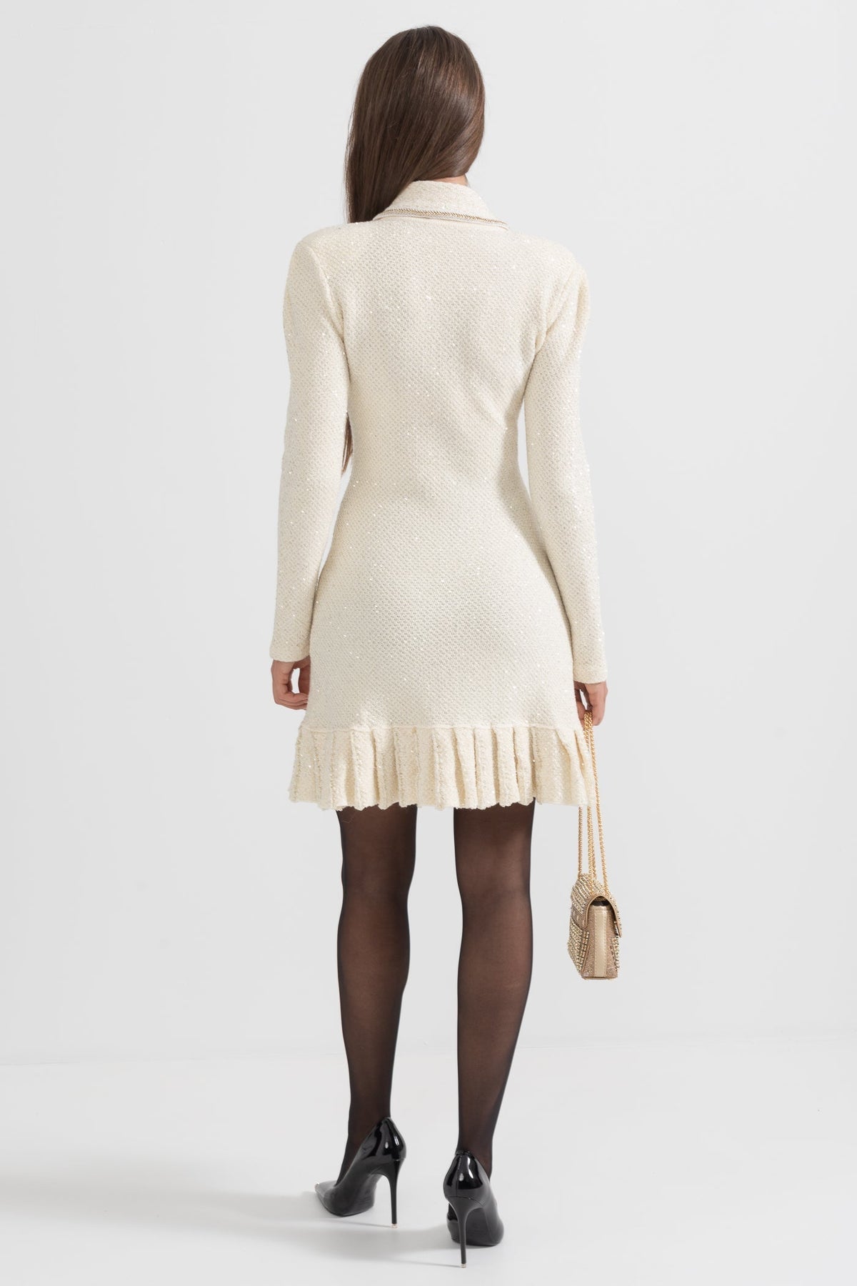 Long Sleeve Textured Knit Dress with Gold Flower Collar – Ivory – view 9