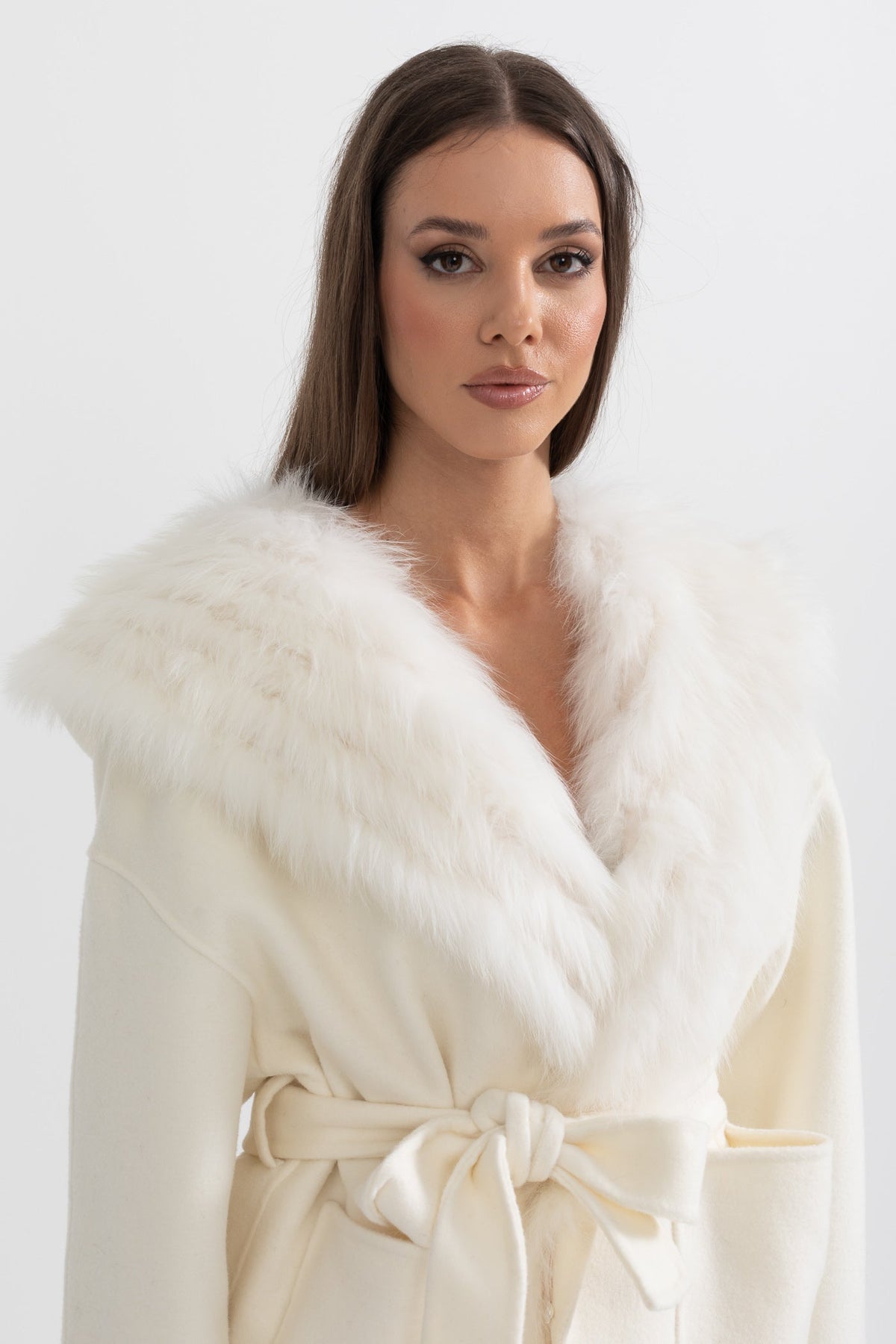 Wool Jacket with Voluminous Collar, Oversized Hood and Waistband – Ivory – view 4