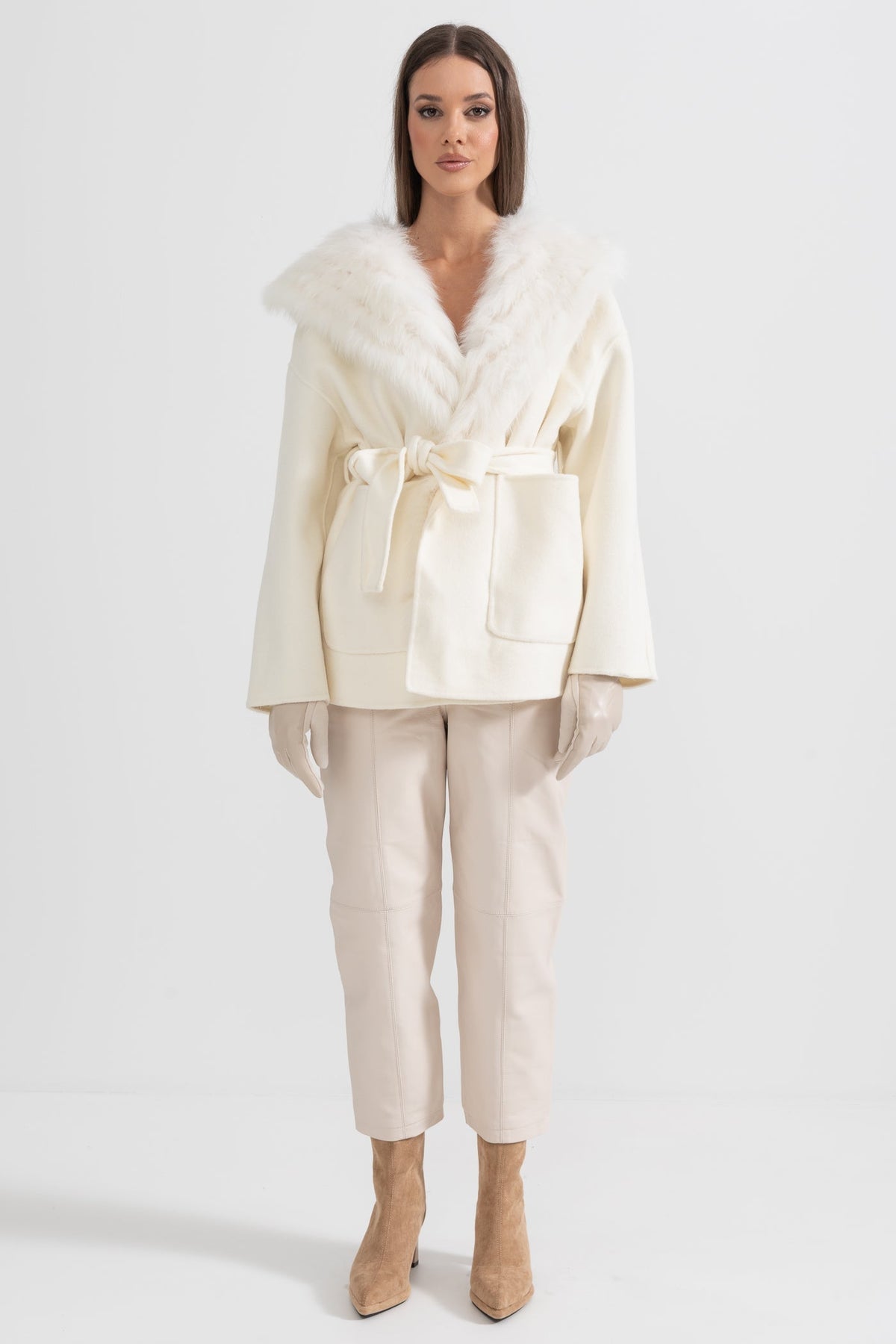 Wool Jacket with Voluminous Collar, Oversized Hood and Waistband – Ivory – view 3