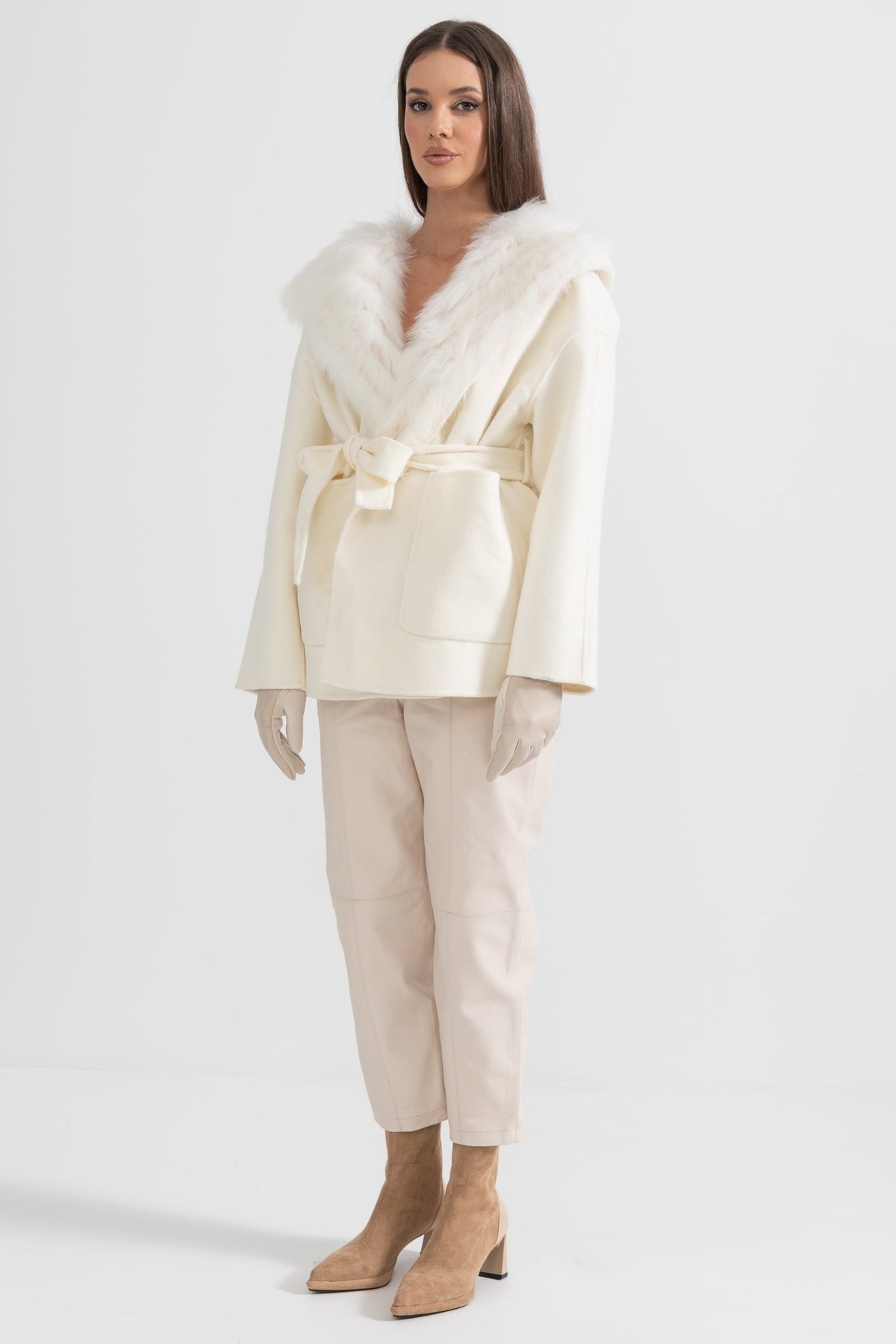 Wool Jacket with Voluminous Collar, Oversized Hood and Waistband – Ivory – view 5