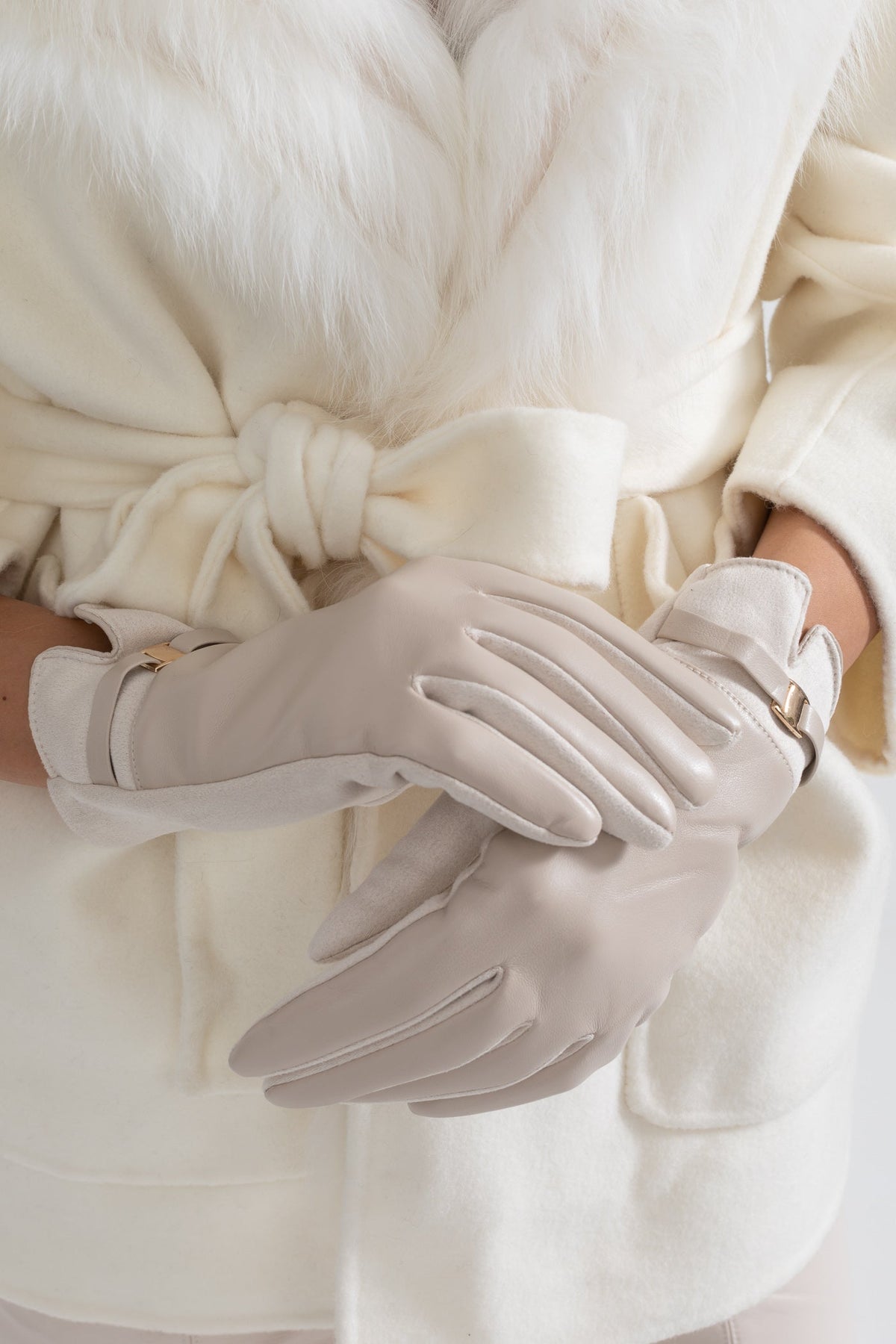 Vegan Leather and Faux Suede Gloves with Gold Buckle Detail – Beige – view 2