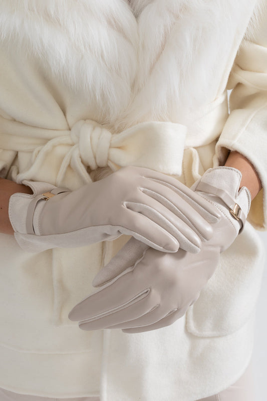 Vegan Leather and Faux Suede Gloves with Gold Buckle Detail – Beige – view 2