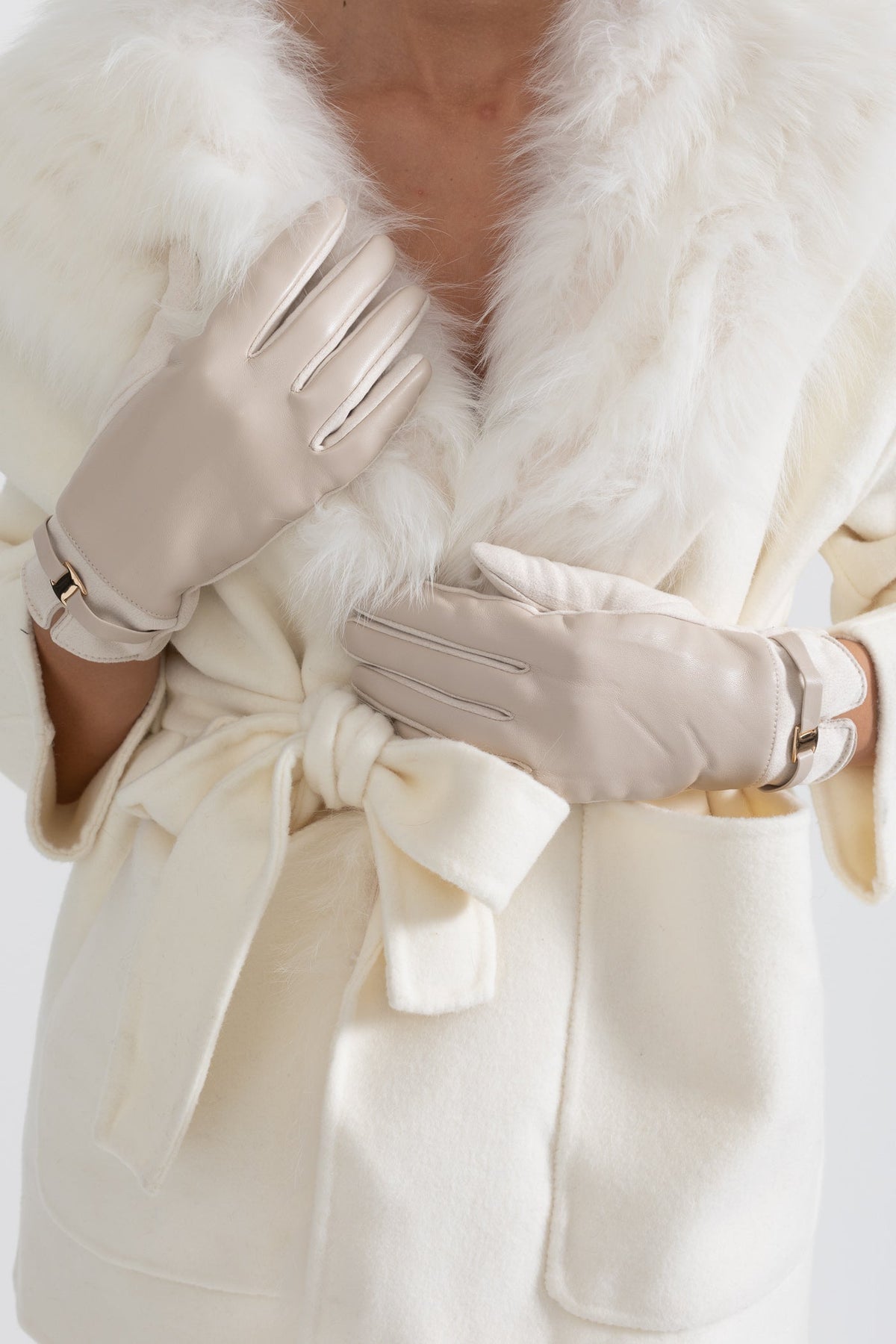 Vegan Leather and Faux Suede Gloves with Gold Buckle Detail – Beige – view 3