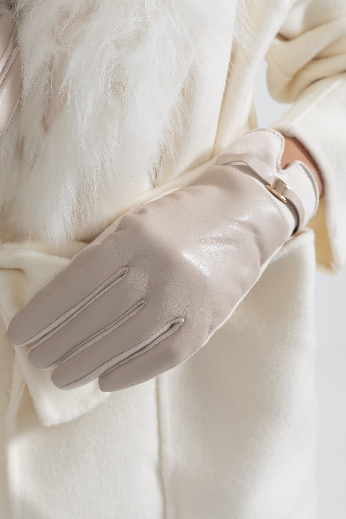Vegan Leather and Faux Suede Gloves with Gold Buckle Detail – Beige – view 4