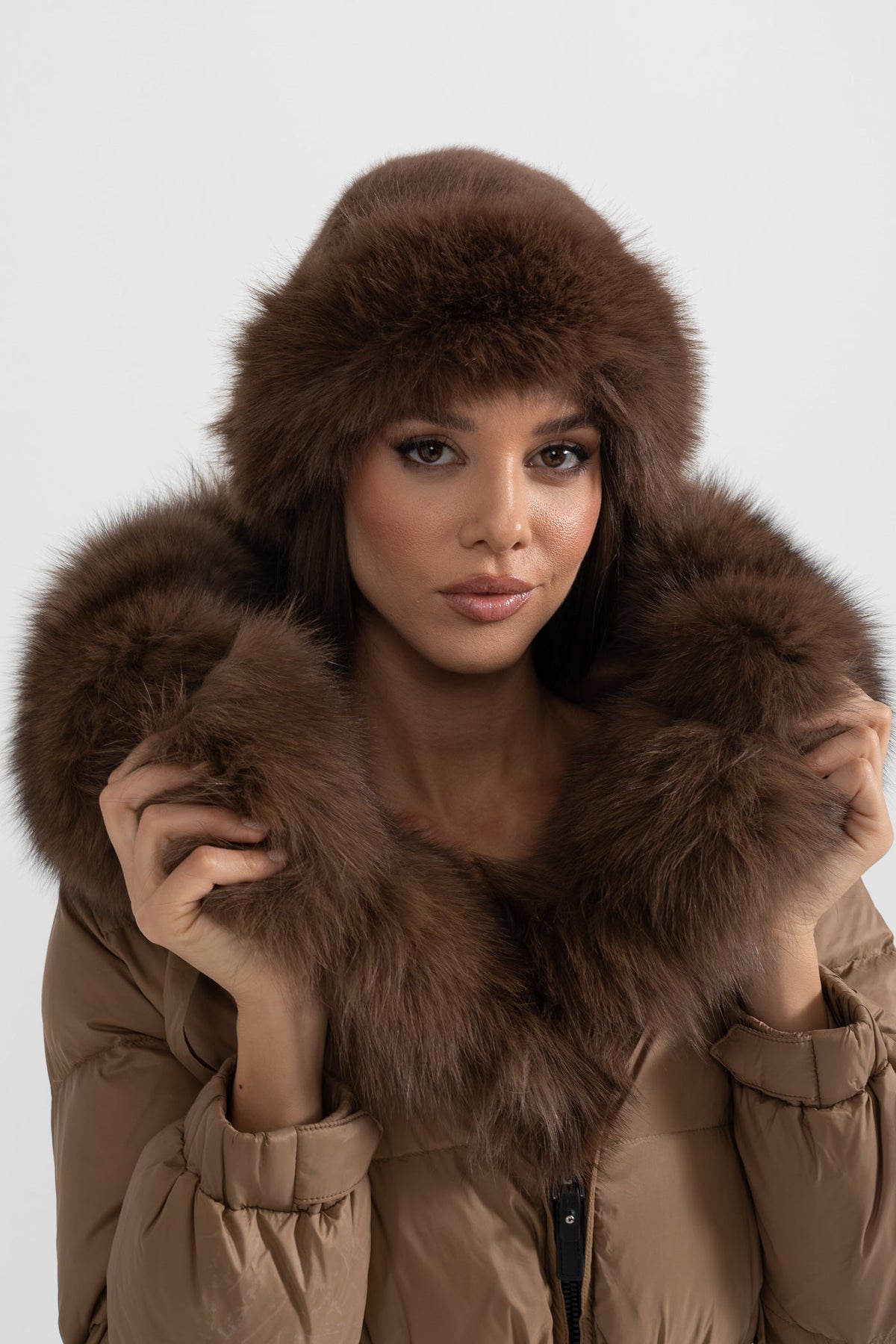 Belted Duck Down Puffer Jacket with Brown Lined Hood – Brown – view 3