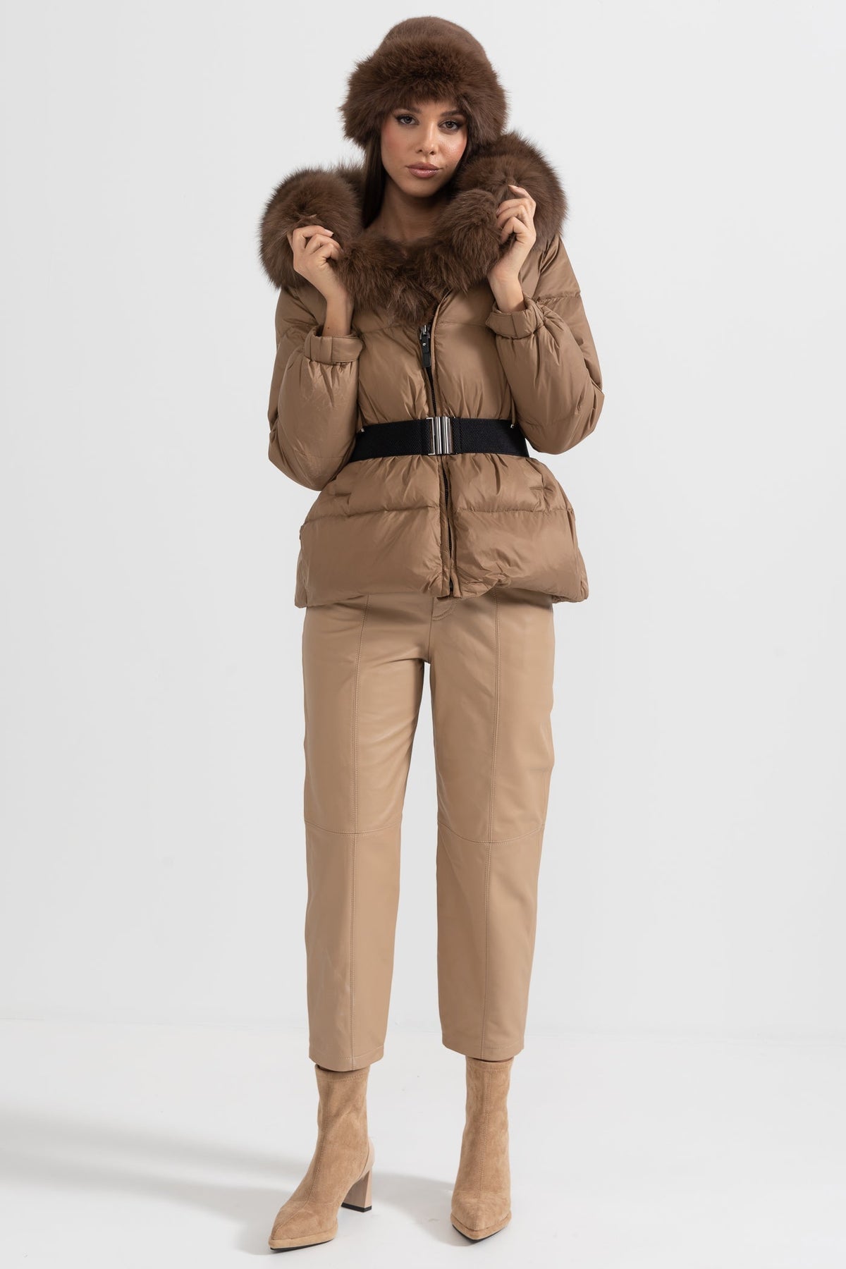 Belted Duck Down Puffer Jacket with Brown Lined Hood – Brown – view 4