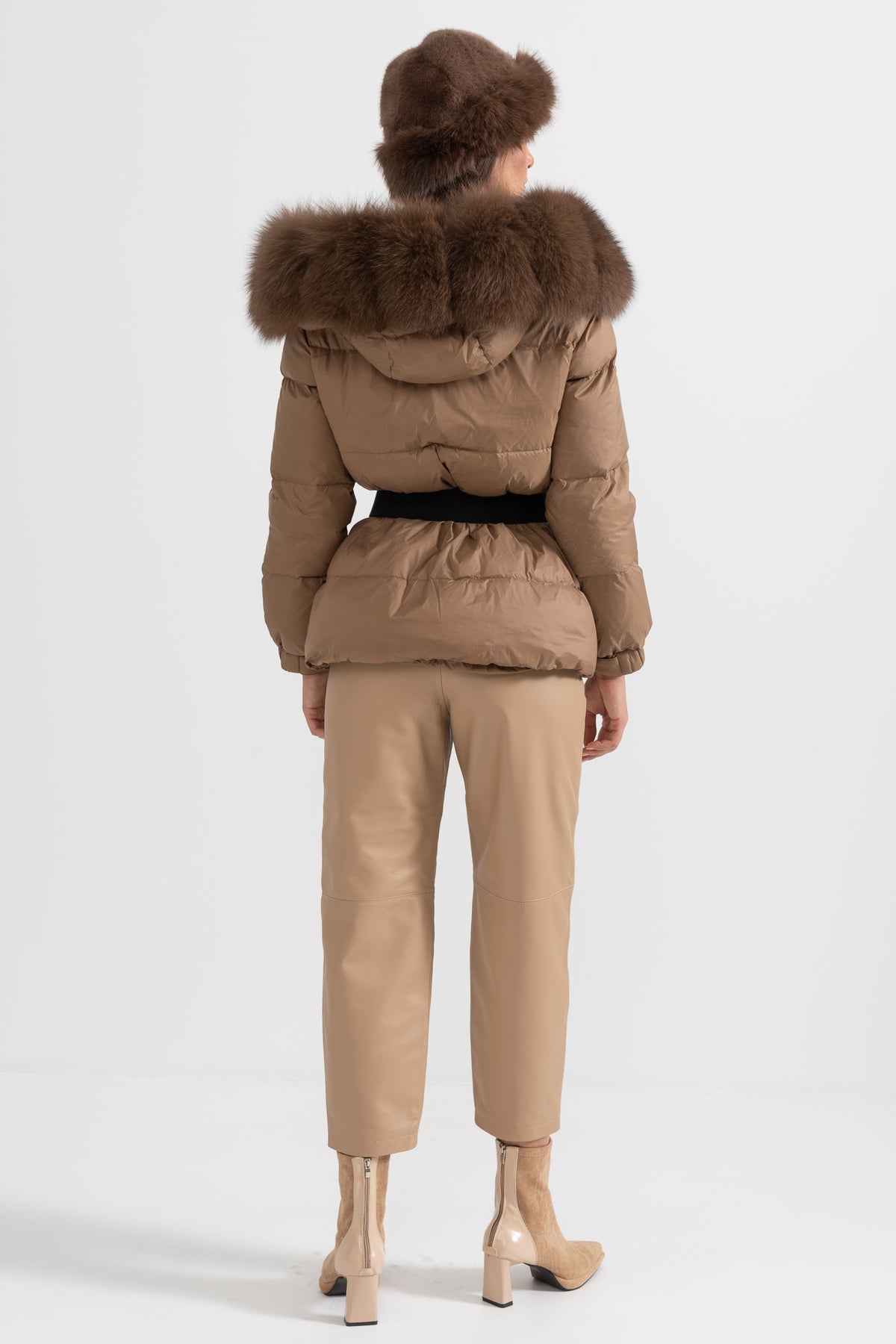 Belted Duck Down Puffer Jacket with Brown Lined Hood – Brown – view 5