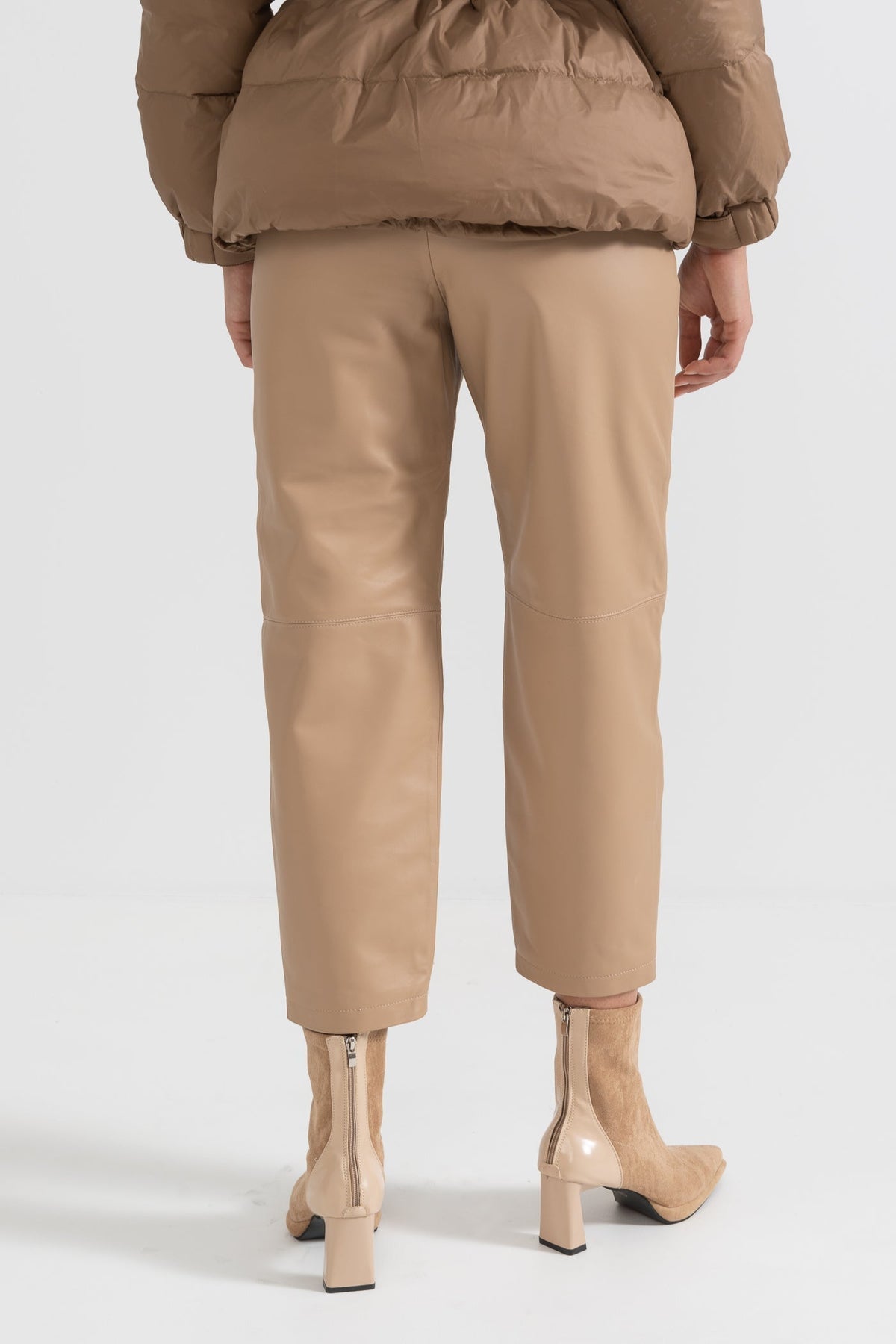 Leather Straight Leg Trousers with Decorative Stitching – Beige – view 9