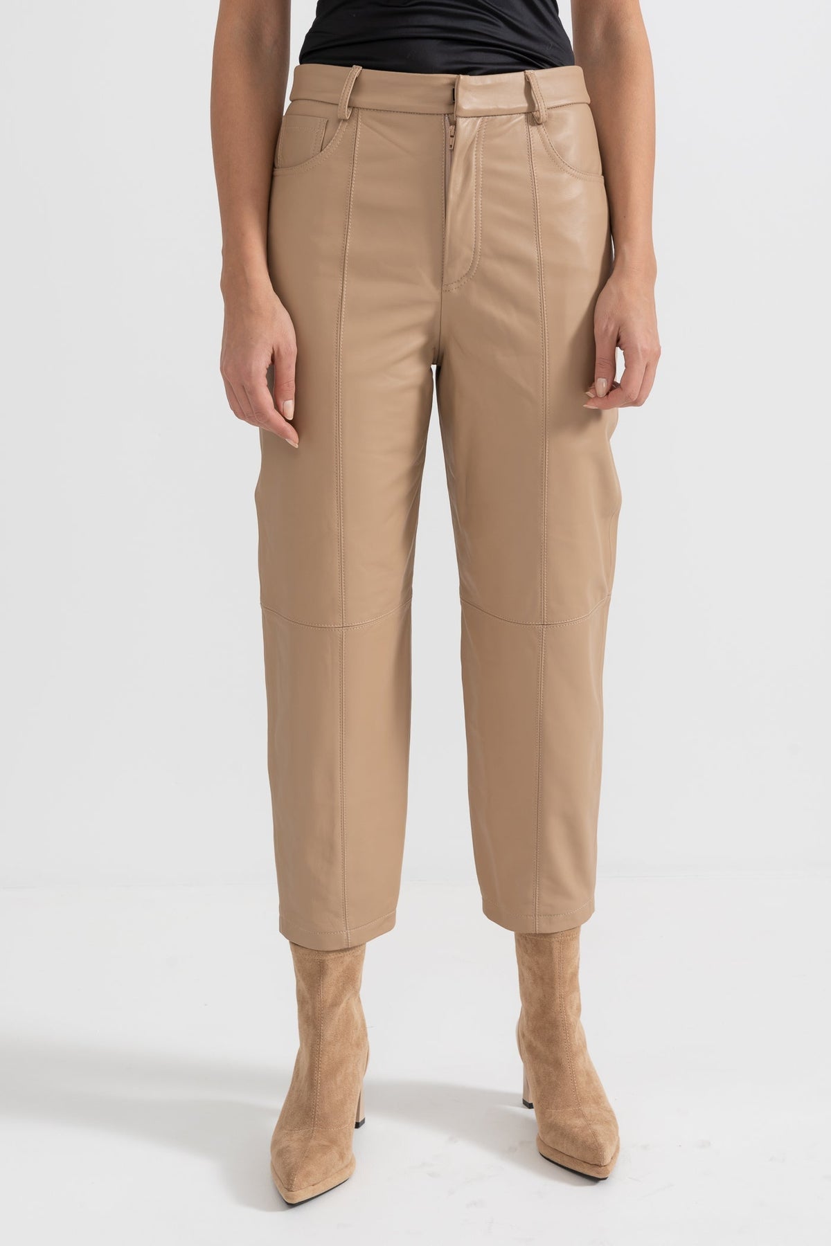 Leather Straight Leg Trousers with Decorative Stitching – Beige