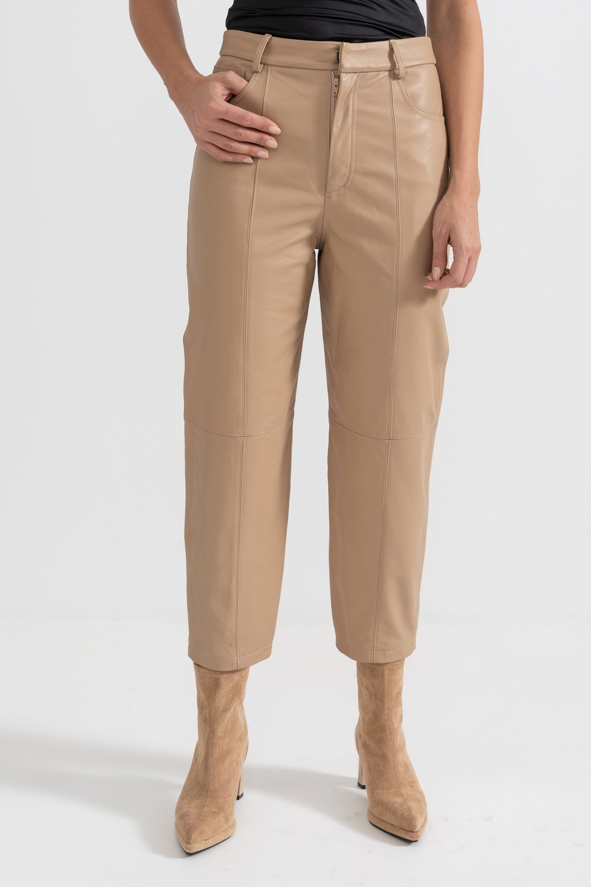 Leather Straight Leg Trousers with Decorative Stitching – Beige – view 6