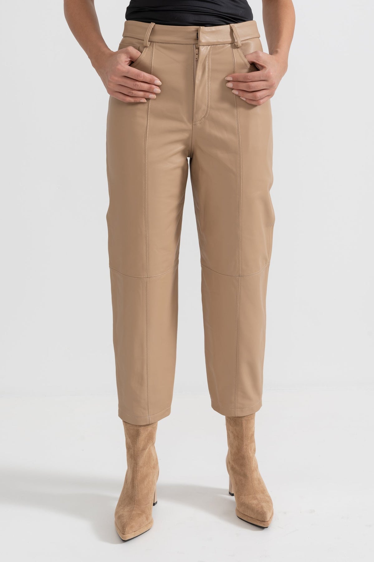 Leather Straight Leg Trousers with Decorative Stitching – Beige