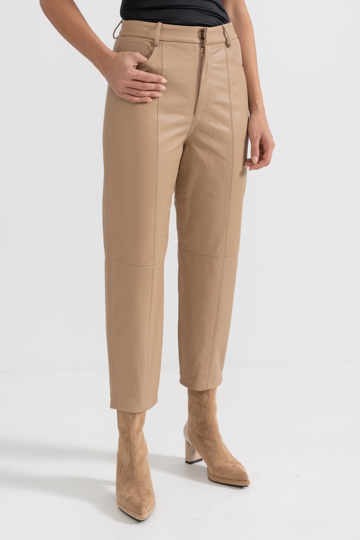Leather Straight Leg Trousers with Decorative Stitching – Beige – view 1