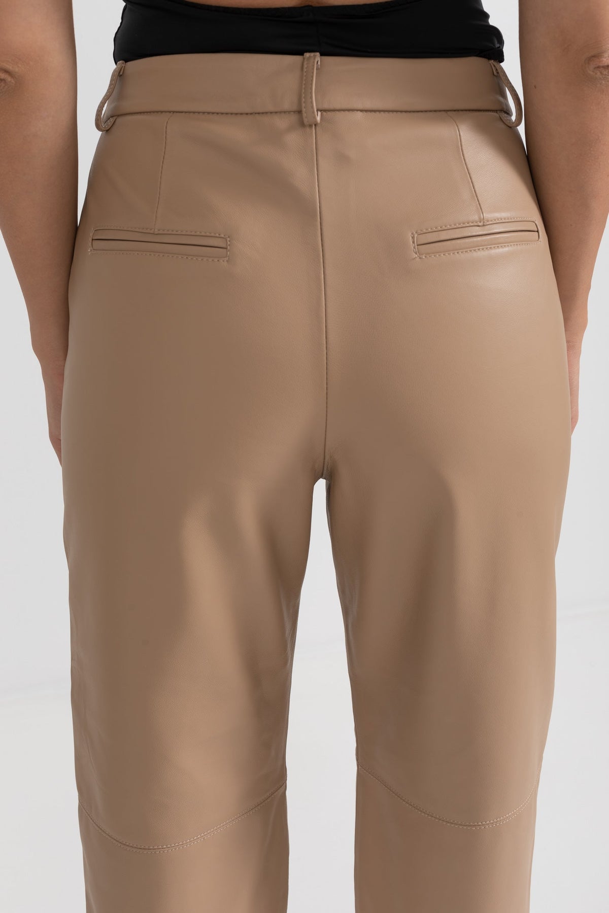 Leather Straight Leg Trousers with Decorative Stitching – Beige