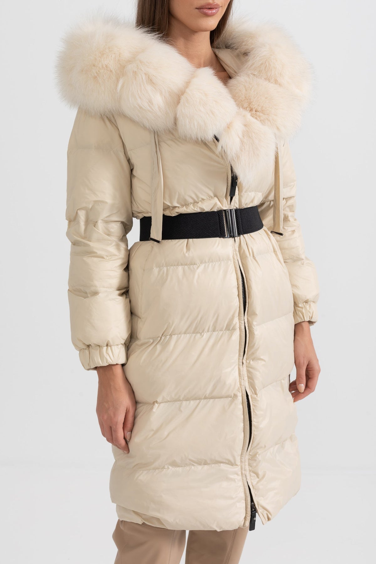 Long Duck Down Puffer Jacket with White Lined Hood – Ivory