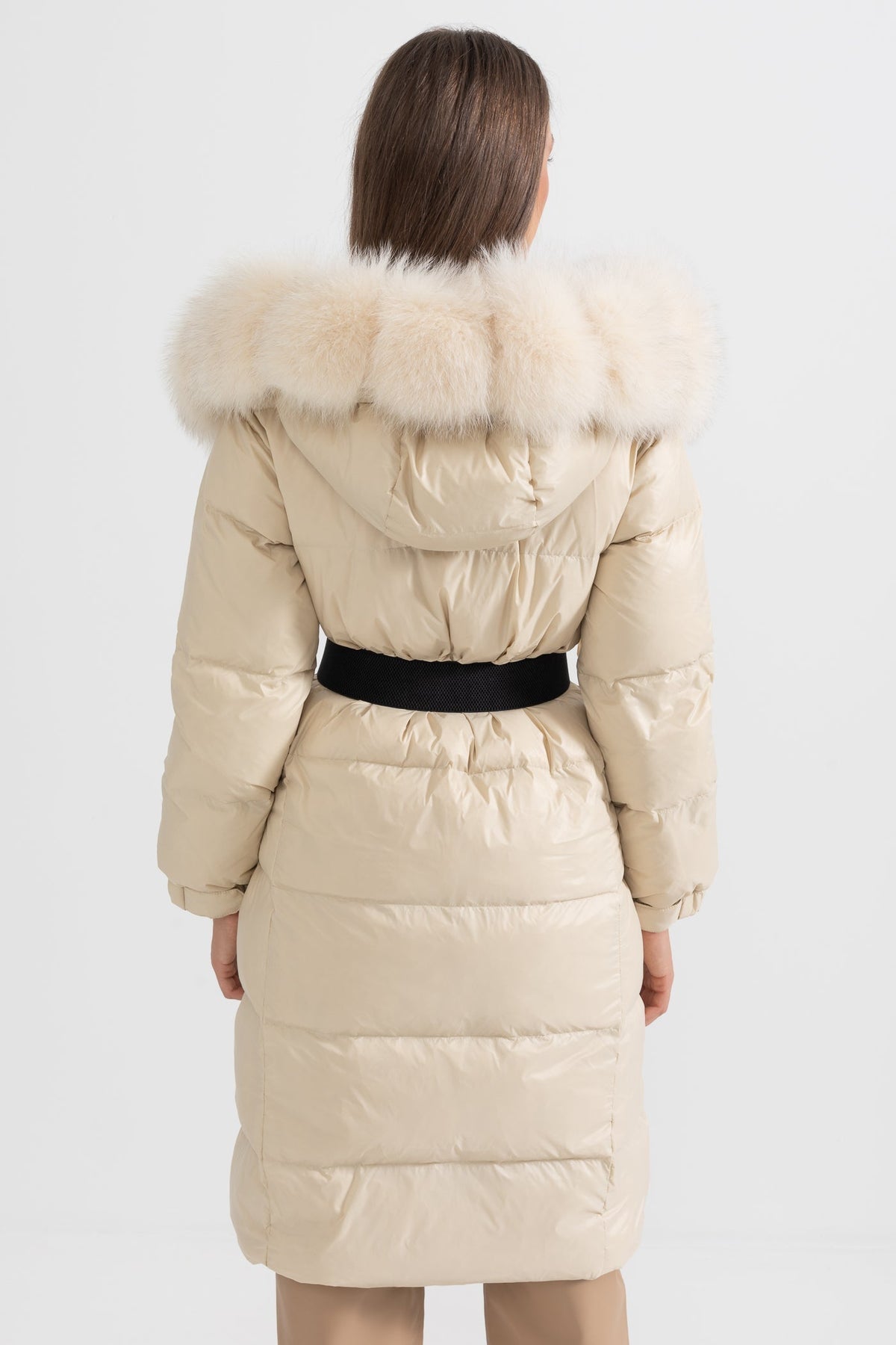 Long Duck Down Puffer Jacket with White Lined Hood – Ivory
