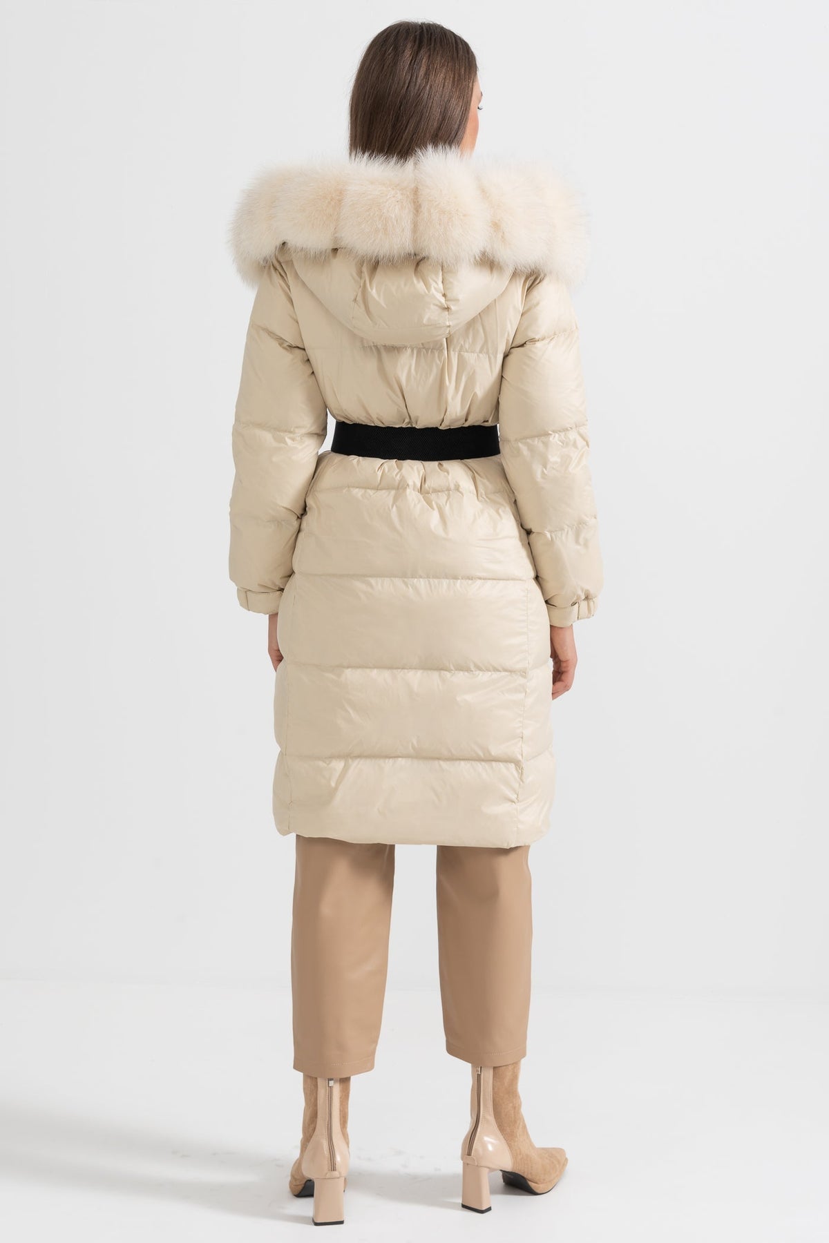 Long Duck Down Puffer Jacket with White Lined Hood – Ivory – view 6