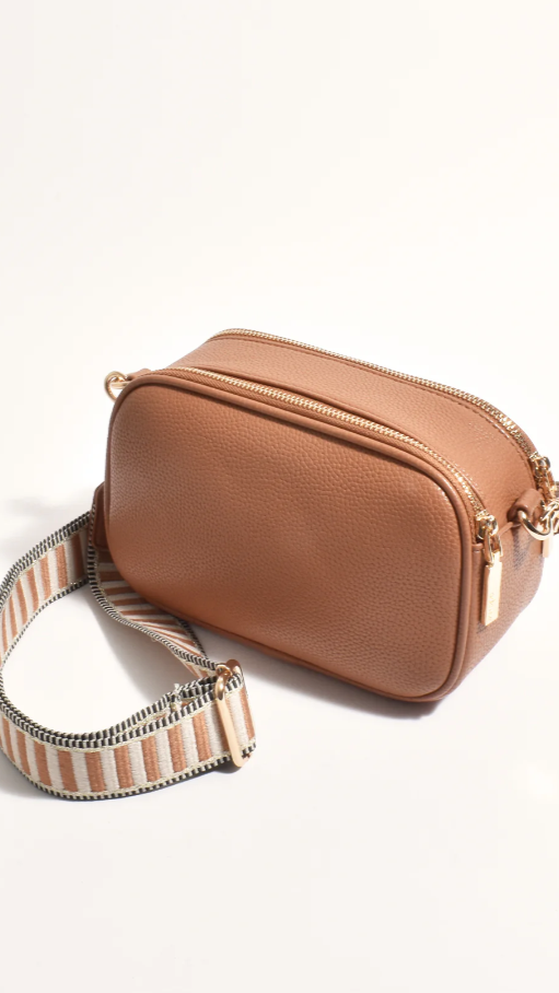 Bella Vegan Leather Camera Bag with Striped Webbing Strap – Tan