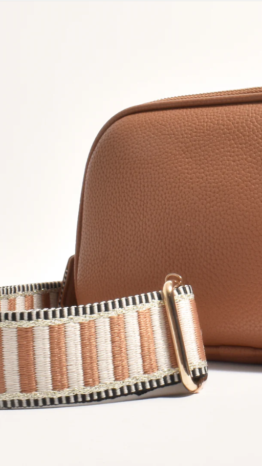 Bella Vegan Leather Camera Bag with Striped Webbing Strap – Tan