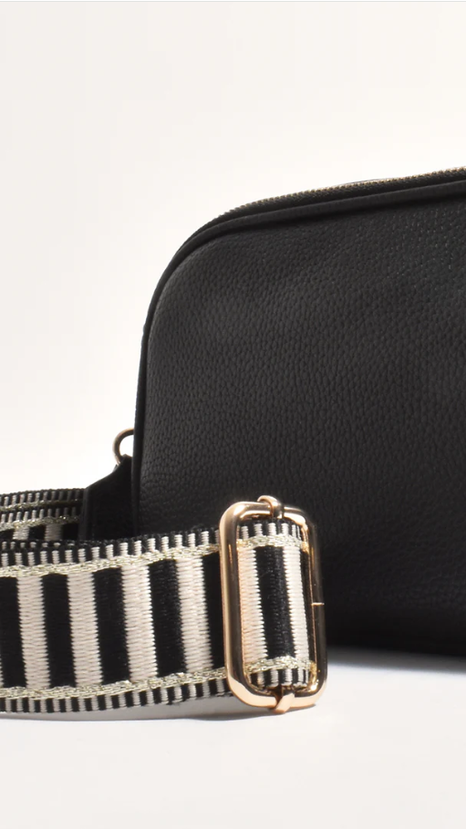 Bella Vegan Leather Camera Bag with Striped Webbing Strap – Black – view 4