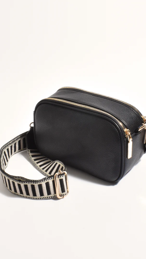 Bella Vegan Leather Camera Bag with Striped Webbing Strap – Black