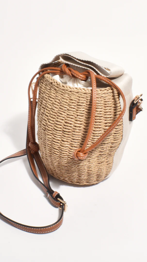 Cleo Woven Paper Bucket Bag with Drawstring Closure – Natural/Tan – view 4