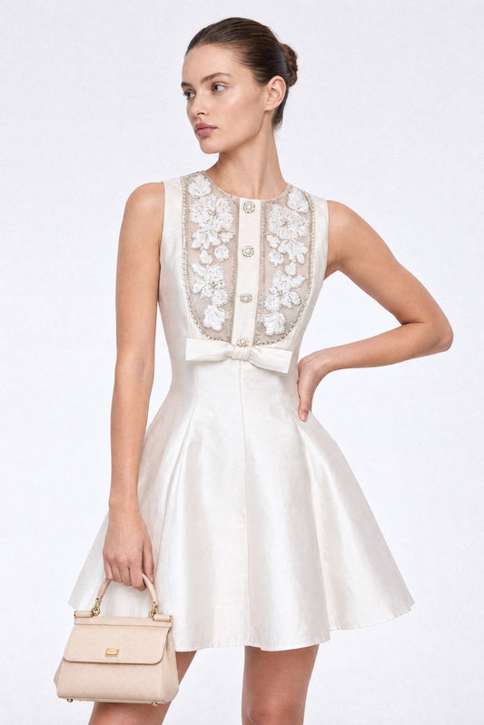 Mikado Fit and Flare Mini Dress with Embellished Tulle Bib – Ivory