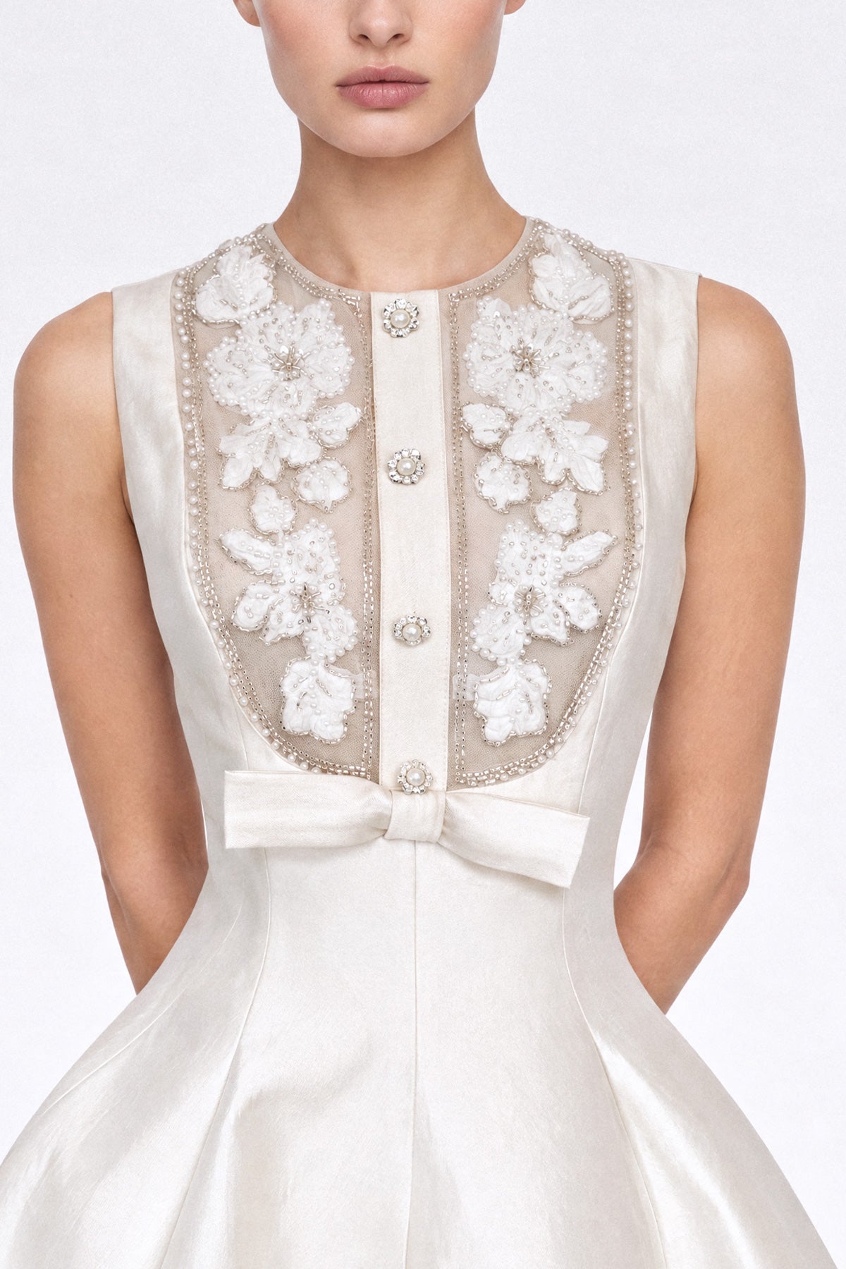 Mikado Fit and Flare Mini Dress with Embellished Tulle Bib – Ivory – view 4