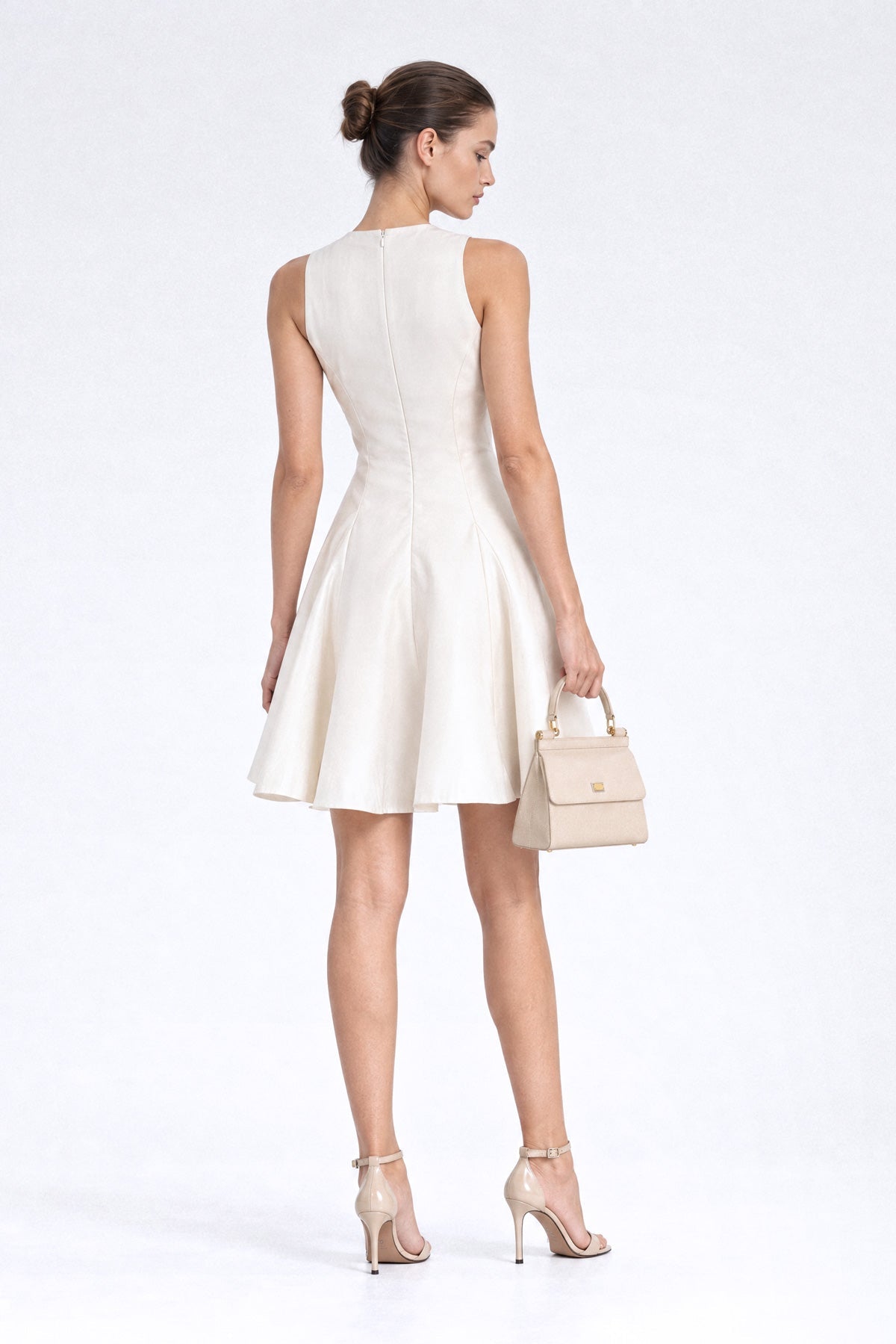 Mikado Fit and Flare Mini Dress with Embellished Tulle Bib – Ivory – view 6