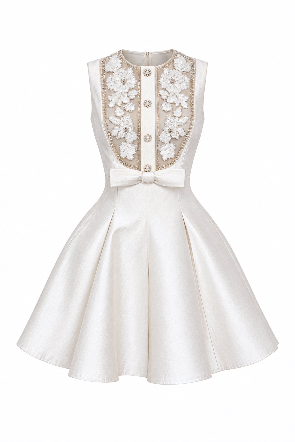 Mikado Fit and Flare Mini Dress with Embellished Tulle Bib – Ivory – view 2